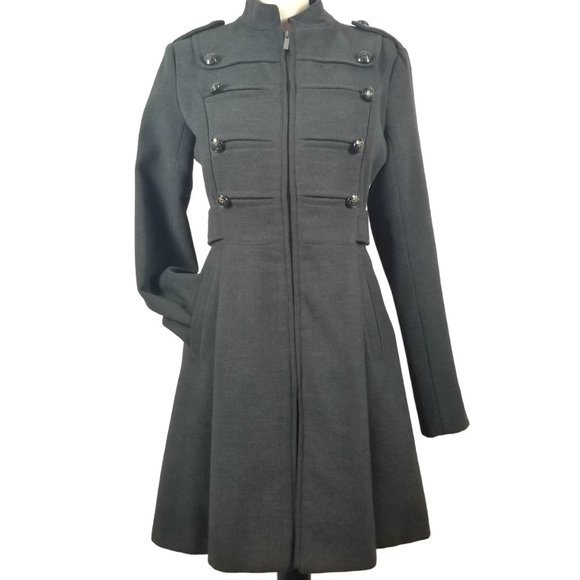 American Rag Long Charcoal Military Style Belted Flared Overcoat - Women… - Picture 2 of 11
